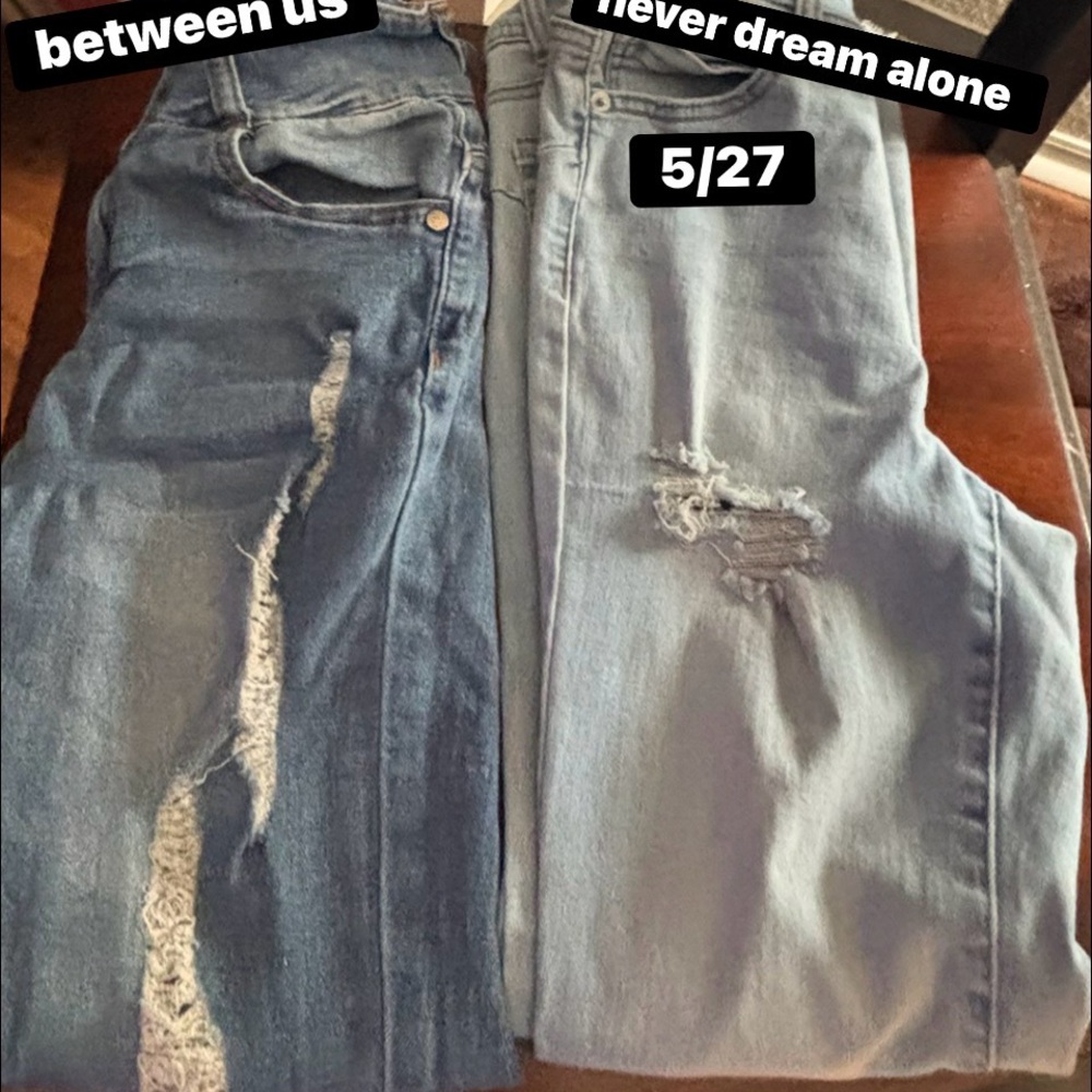 Multiples Distressed Straight Leg Jeans — Dark Blue & Light Blue